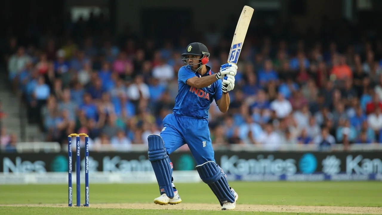 India's T20I captain Shreyas Iyer plays on the off side during a training session in Durham, in shirt-sleeves with the Riverside Ground nets in the background