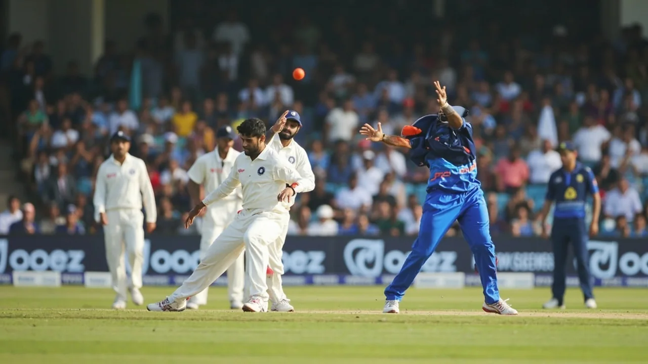 Tactical view of the Indian slip cordon during a Test match training session at the Galle International Stadium, with the bowler's run-up, the umpire at the bowling crease and the fielding positions set for the new ball on a dry subcontinental surface