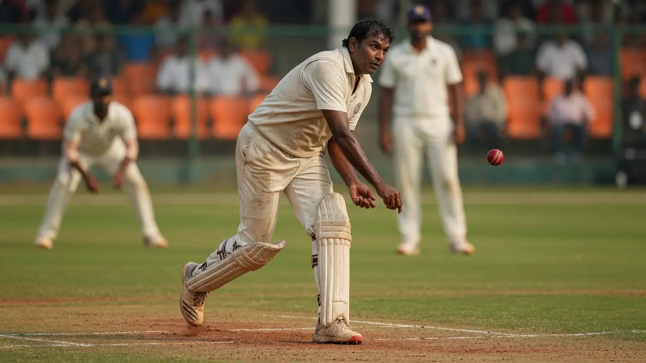 Tight sideline frame of a batter in white kit completing a forward defensive stroke on a grass practice strip, with shallow depth of field on the bat face and front pad