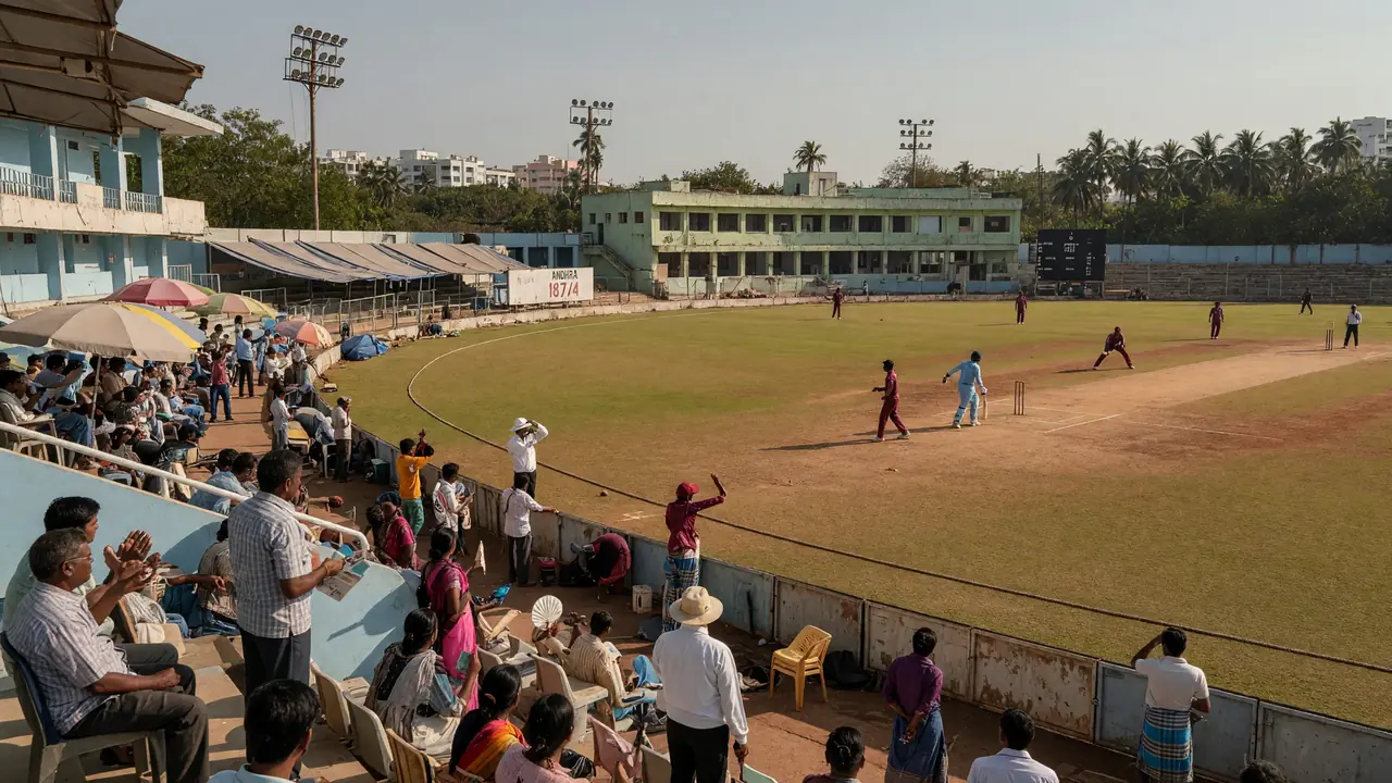 Wide establishing view of a sunlit multi-ground cricket complex with green outfields, practice nets and tiered seating under a clear afternoon sky