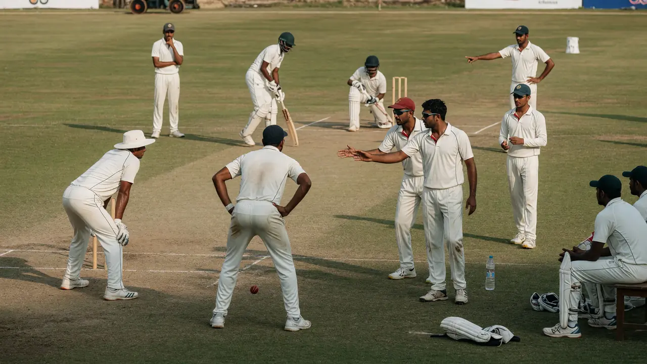 Medium tactical view of fielders in whites setting catching positions on a dry practice outfield while a bowler marks a run-up near the stumps