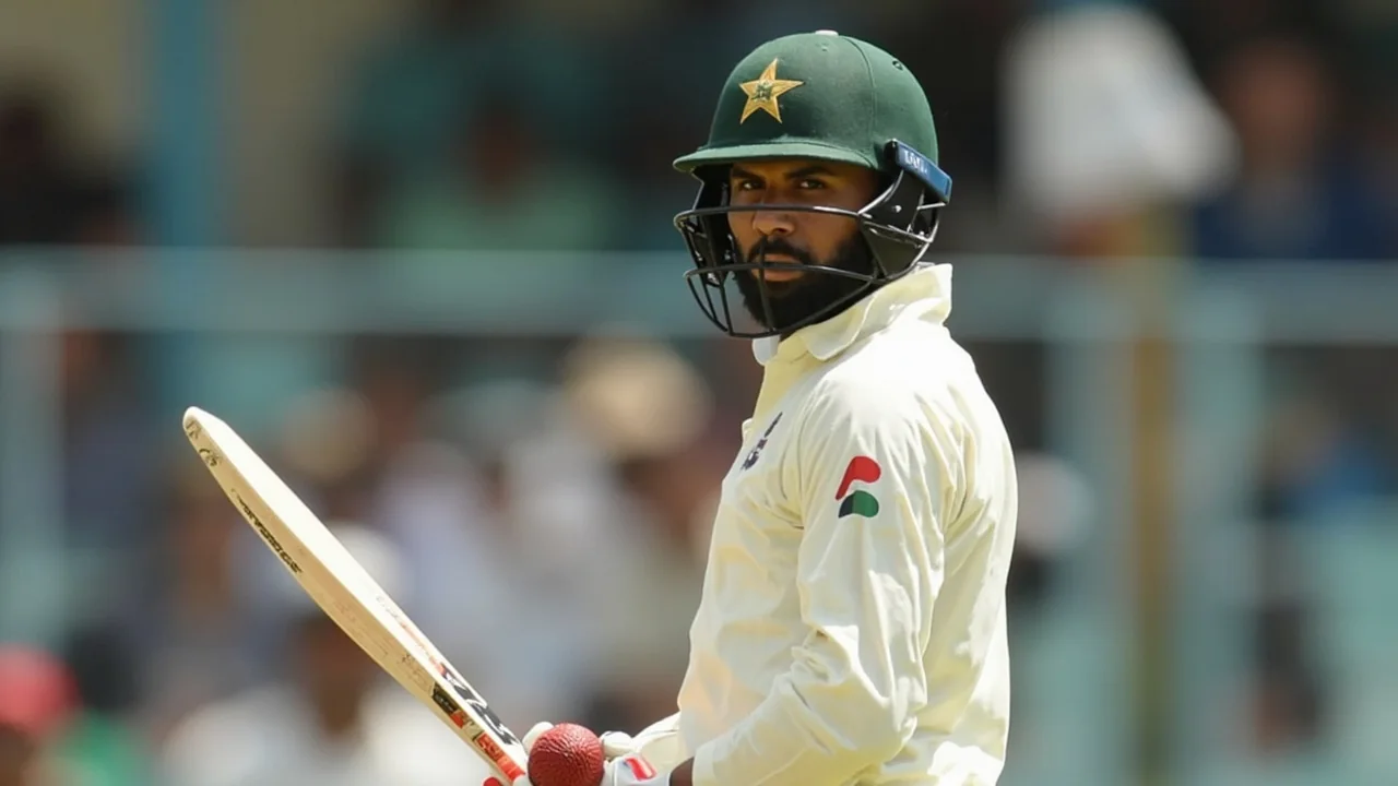 A Pakistan batter in red-ball whites plays a flowing cover drive at the crease, with fielders in catching positions and the pitch surface visible in the foreground