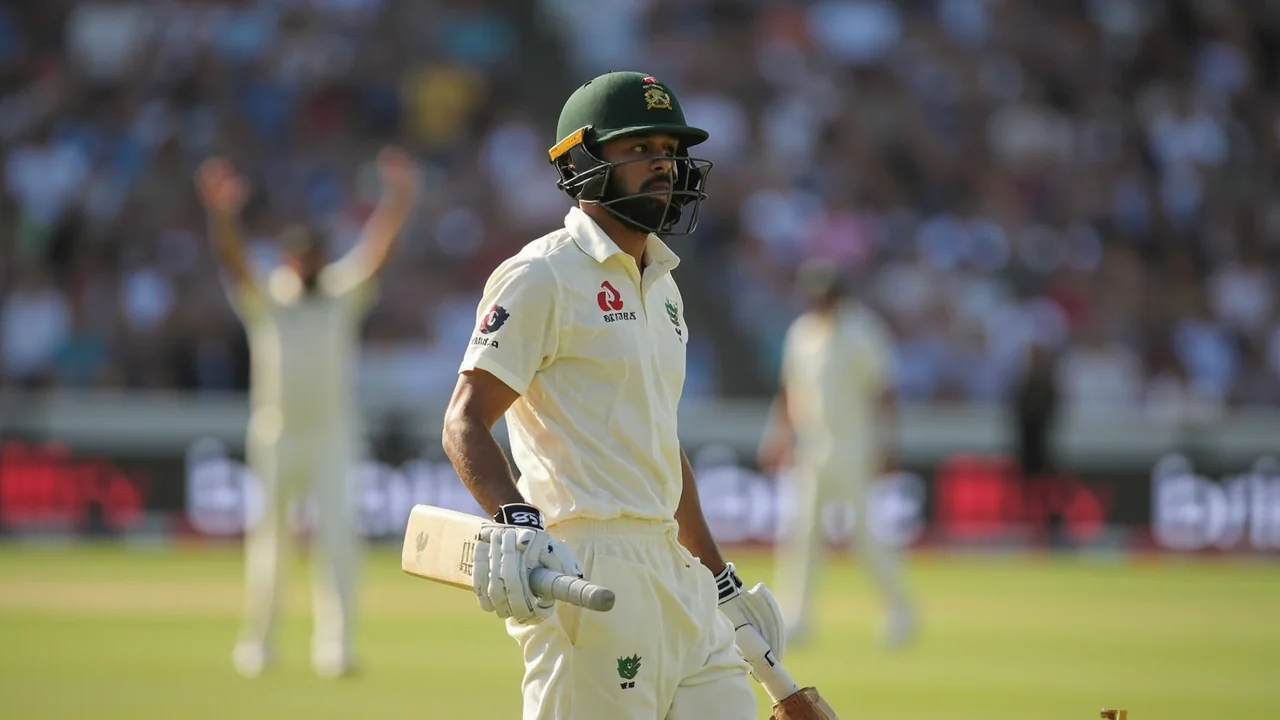 Pakistan seamers gather near the stumps during a tactical field-setting moment in a Test match, with close catchers and a slip cordon in place