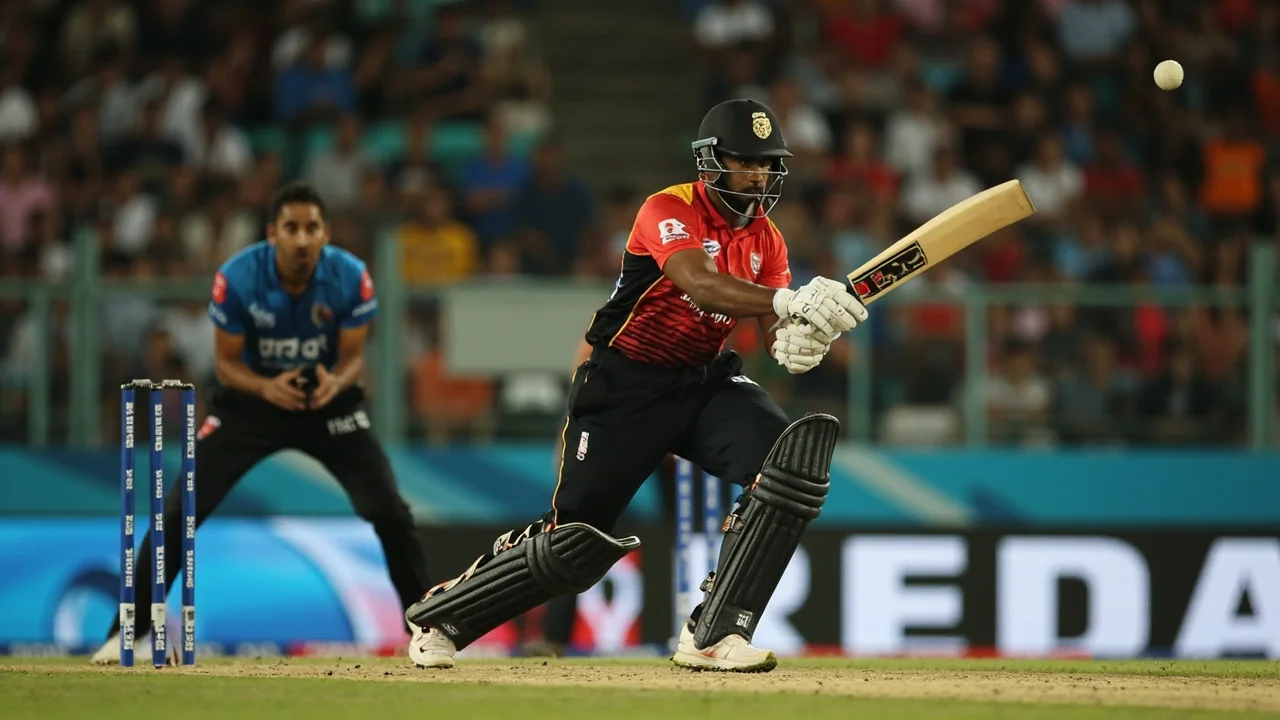 Tight sideline view of a batsman in mid-stroke during an Asian Legends League T20 fixture, the kind of close-range action frame that defines the early Match 5 captaincy shortlist