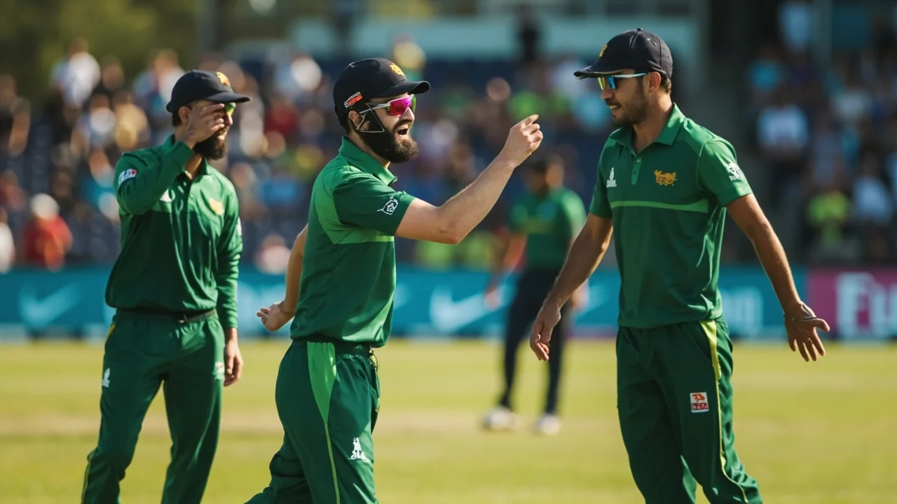 Medium tactical view of a T20 fielding setup with a bowler in delivery stride and the captain communicating from mid-off, the kind of matchup moment that decides the captaincy and bowling calls in the Asian Legends League