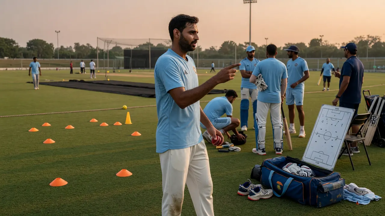 Medium tactical view of fielders and a bowler setting positions on a sunlit cricket outfield during a limited-overs match