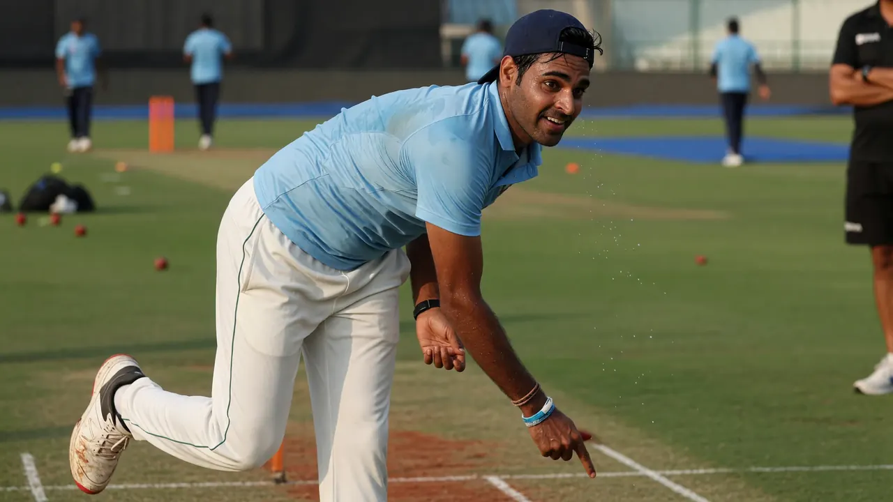 Tight sideline action frame of a cricket fast bowler in delivery stride during a night match, shallow depth of field on the bowling arm and front foot