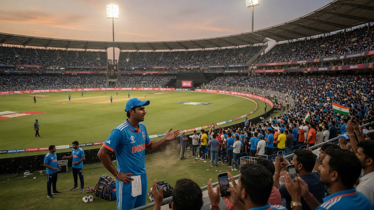 Wide establishing view of a packed cricket stadium bowl under match lights with the outfield lit and tiered stands framing IPL atmosphere