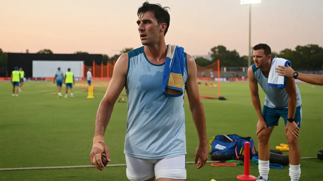 Tight sideline action of a fast bowler in delivery stride under stadium lights, ball released toward the batter with shallow depth of field