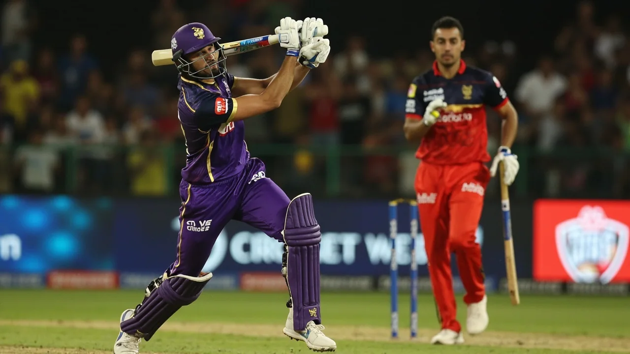 Tight sideline action frame of a young IPL opener driving through the off side under Eden Gardens floodlights, captured at 200mm with the crowd blurred behind the rope
