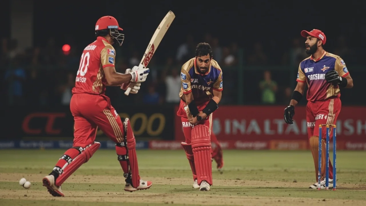 Medium tactical shot of a T20I fielding setup and a left-handed batter at the crease, showing the field placement around the batter during a Powerplay over