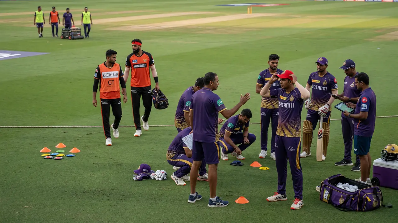 Medium tactical scene of fielders and a fast-bowling unit setting positions on a floodlit outfield, with cones and match equipment visible around the circle
