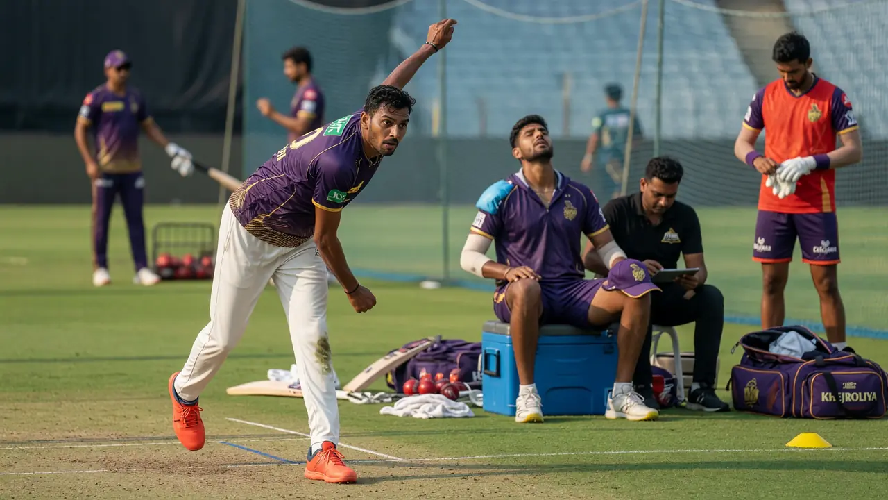 Tight sideline action of a right-arm fast bowler in his delivery stride under stadium lights, ball released toward the batter with shallow depth of field
