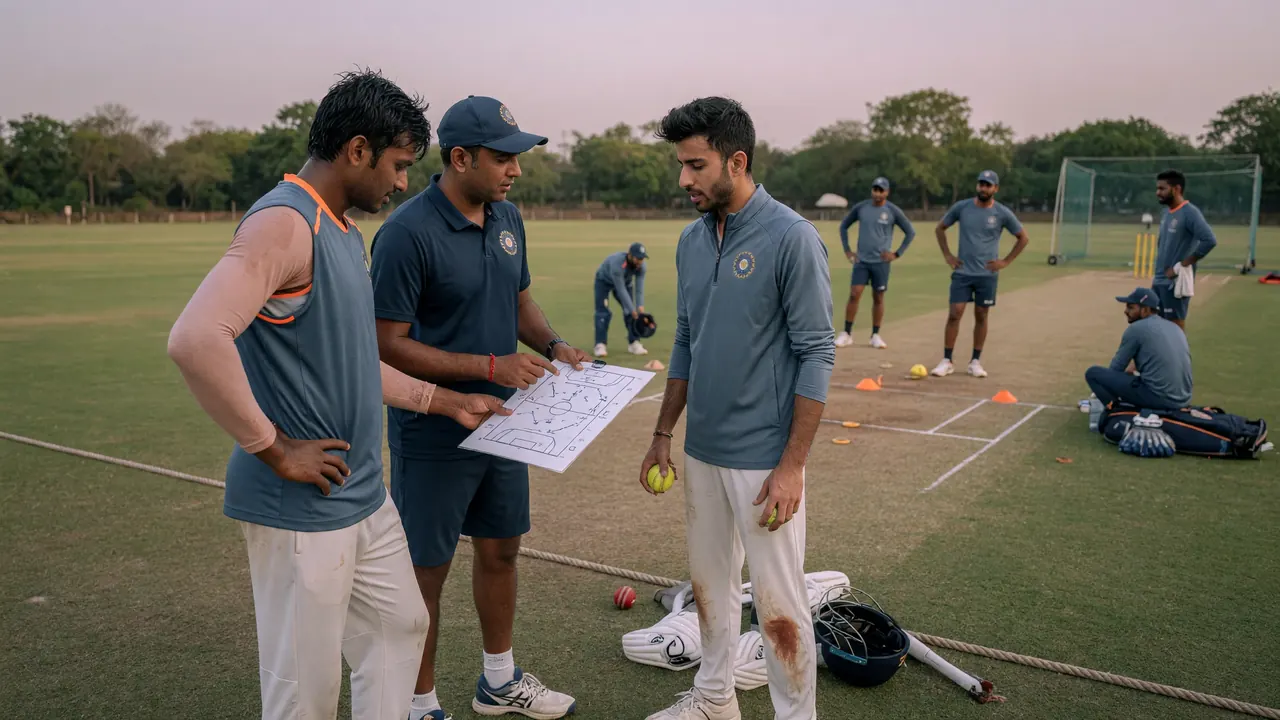 Medium tactical view of fielders and a bowler setting positions on a sunlit international outfield during a limited-overs match
