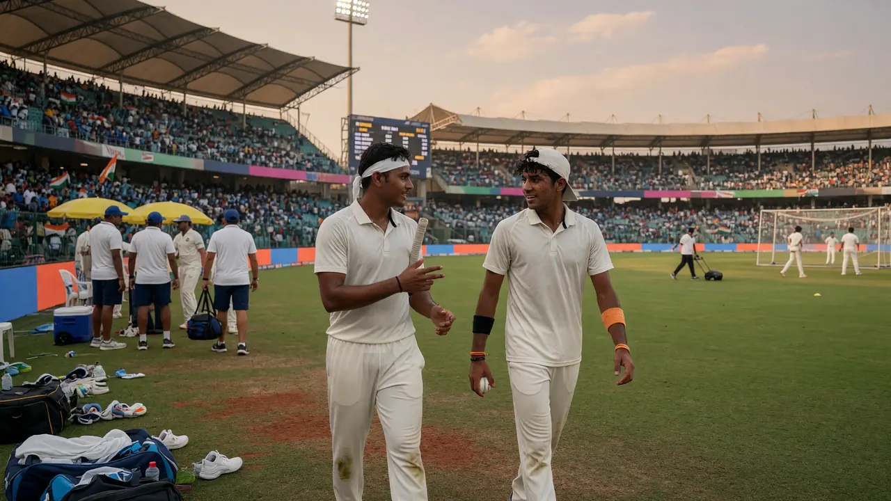 Wide establishing view of a floodlit international cricket stadium with the outfield lit and packed stands framing white-ball match atmosphere