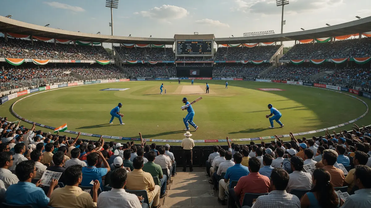 Wide daytime view of a packed cricket stadium with batters and fielders in blue kits under natural sunlight