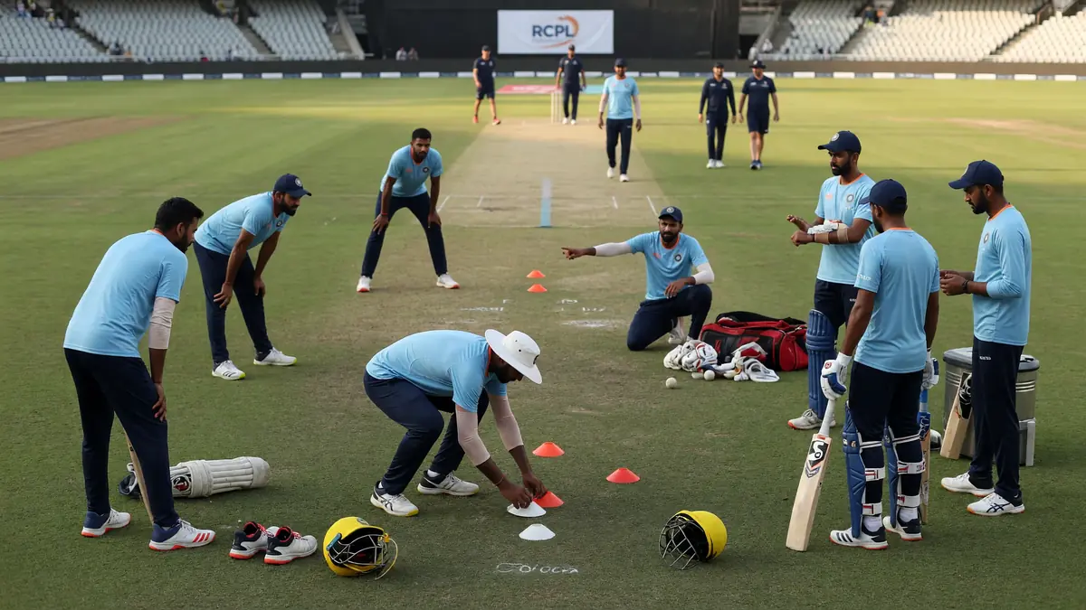 Cricket squad in light blue training kits setting cones on a practice pitch with helmets and gear nearby