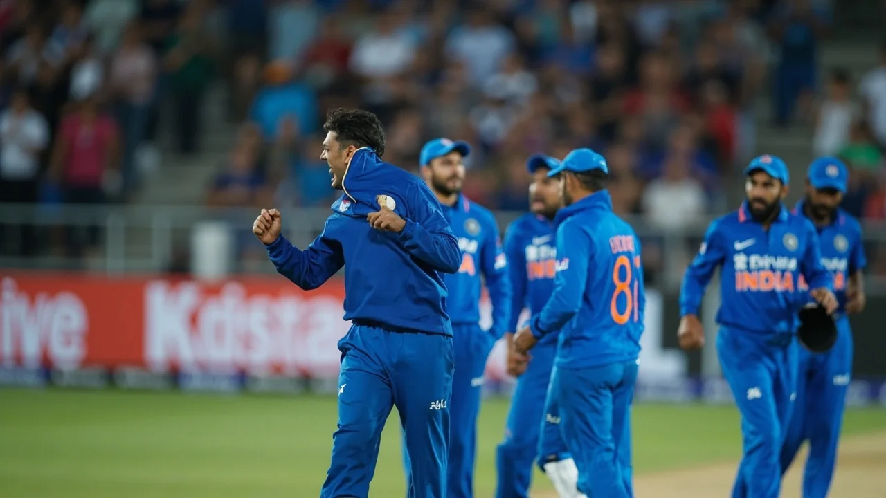 Tight sideline view of an Indian batter playing a powerplay shot during a white-ball fixture, the kind of moment the BCCI's 22-match 2026-27 home season is built around