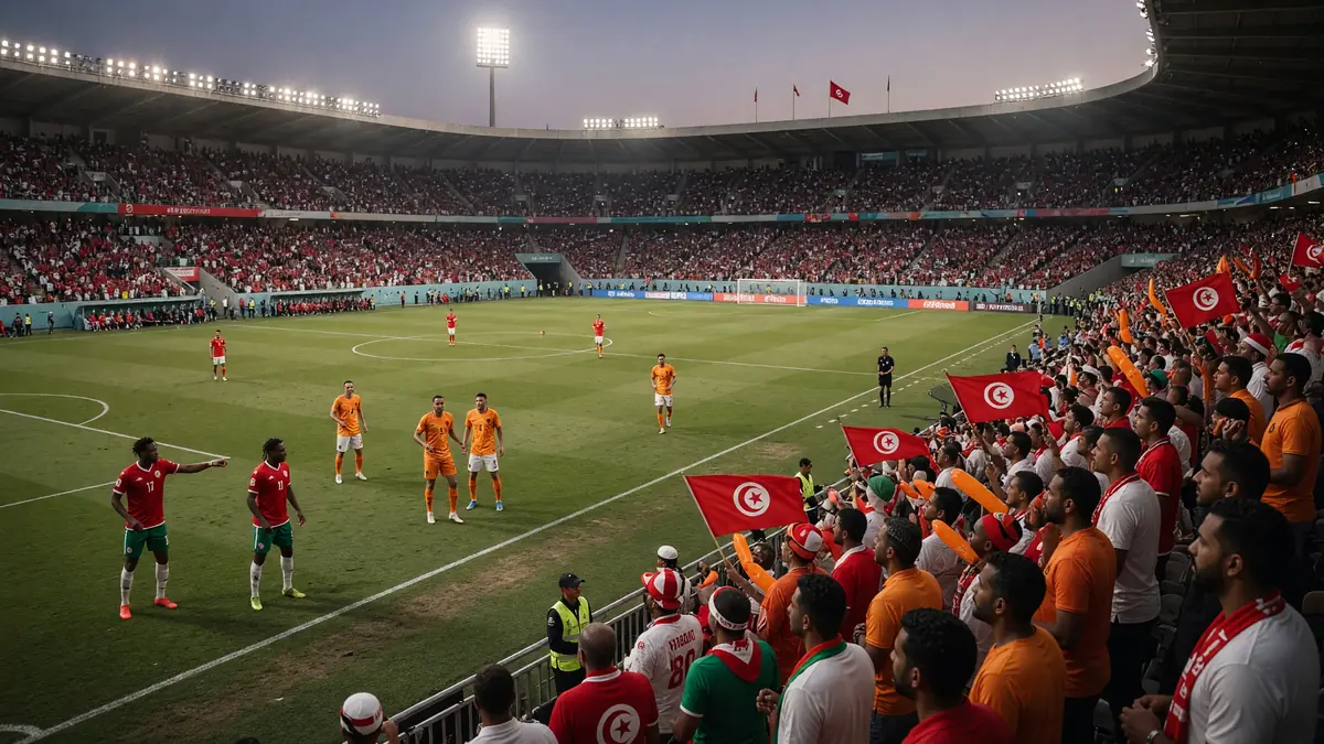 Wide establishing view of a packed World Cup stadium bowl under evening lights, with the pitch lit and tiers of spectators framing a Group F match atmosphere