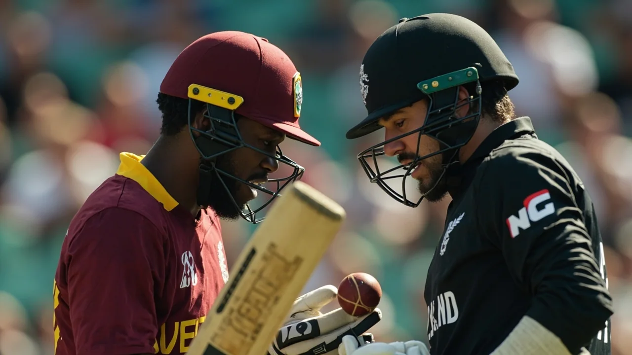 West Indies batsman driving through the covers at Kensington Oval while the New Zealand fielder gives chase during the fifth ODI