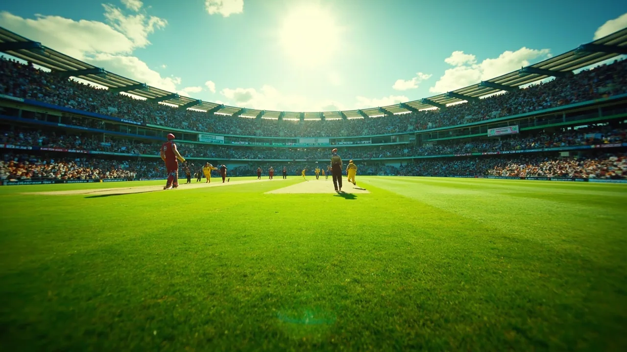 Wide view of Kensington Oval, Bridgetown under lights with both teams in the field during a West Indies vs New Zealand ODI